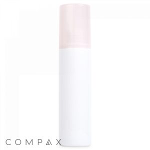 A tall, cylindrical white 150 mL PET bottle with a light pink cap features the text "COMPAX" in grey at the bottom left corner of the image, showcasing a simple and minimalist design.