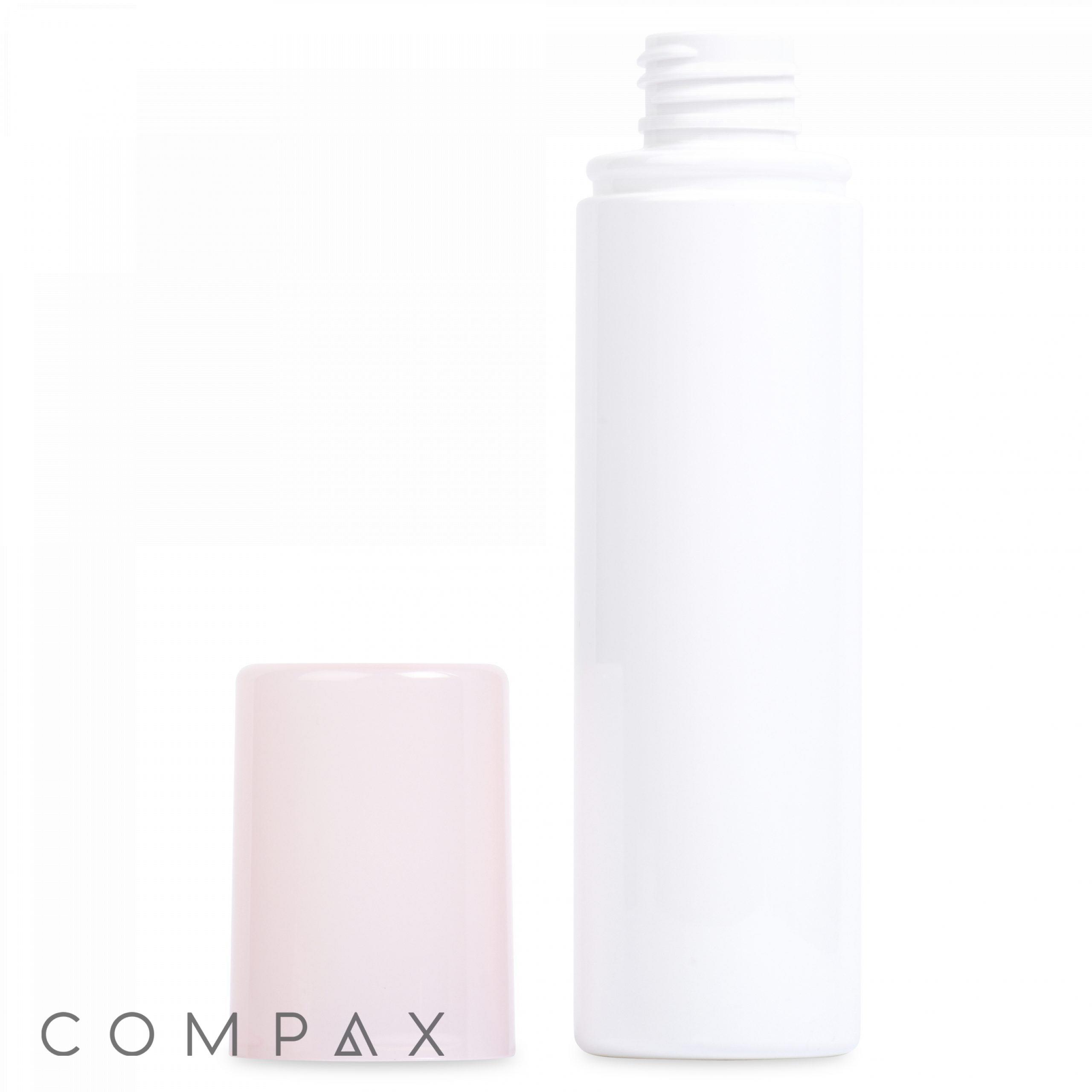 An image of a 150 mL PET Bottle, white and cylindrical, with an open screw cap placed beside it on a white background. The word "COMPAX" is visible in the bottom left corner.
