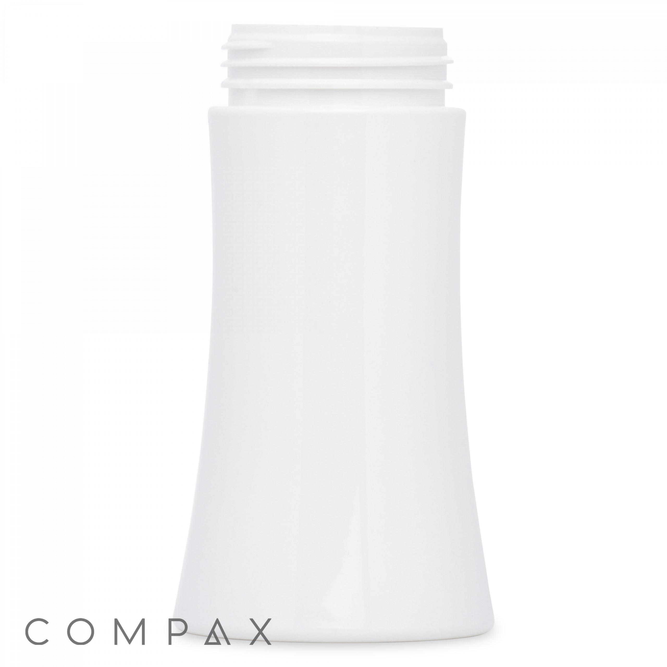 A sleek, white PET foamer bottle, cylindrical in shape with a wide base that tapers slightly towards the top and features an open screw-top lid. The word "COMPAX" is printed in grey near the bottom left corner.