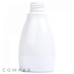 A plain white 150 mL PET bottle with a screw-top lid is centered against a white background. The bottle is sleek and curvy, with no labels or markings. The word "COMPAX" is visible in the bottom left corner.