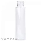 A clear, empty, cylindrical 50 mL PET bottle with a screw top is displayed against a white background. The logo "COMPAX" is present in the lower left corner of the image.