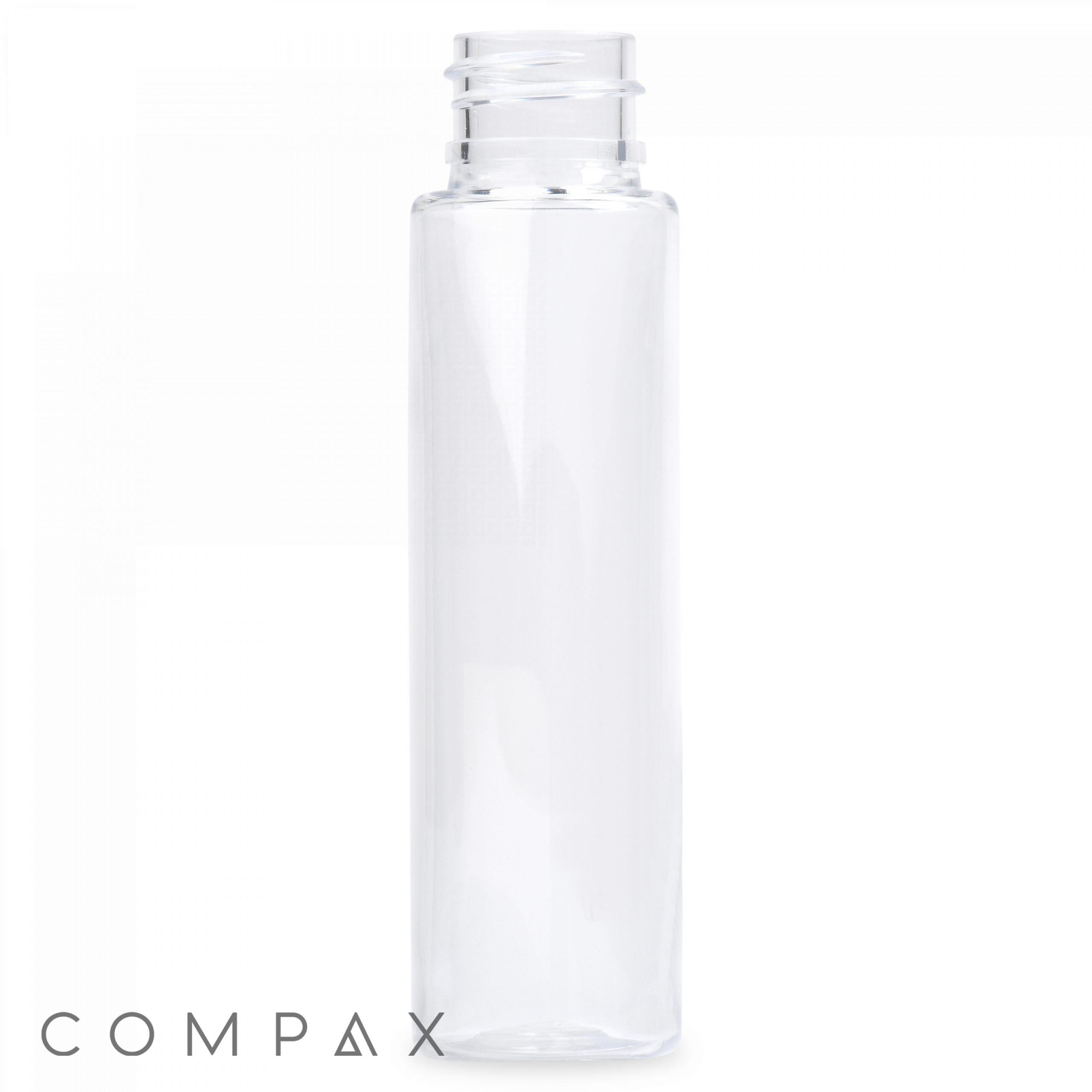 A clear, empty, cylindrical 50 mL PET bottle with a screw top is displayed against a white background. The logo "COMPAX" is present in the lower left corner of the image.