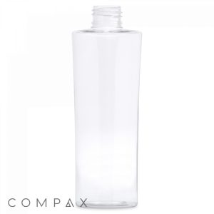 A clear, empty 200 mL PET Bottle with a cylindrical shape and a wide flat base, featuring the brand name COMPAX in the bottom left corner. The bottle has a threaded neck for a screw cap, which is not included in the image. The background is plain white.