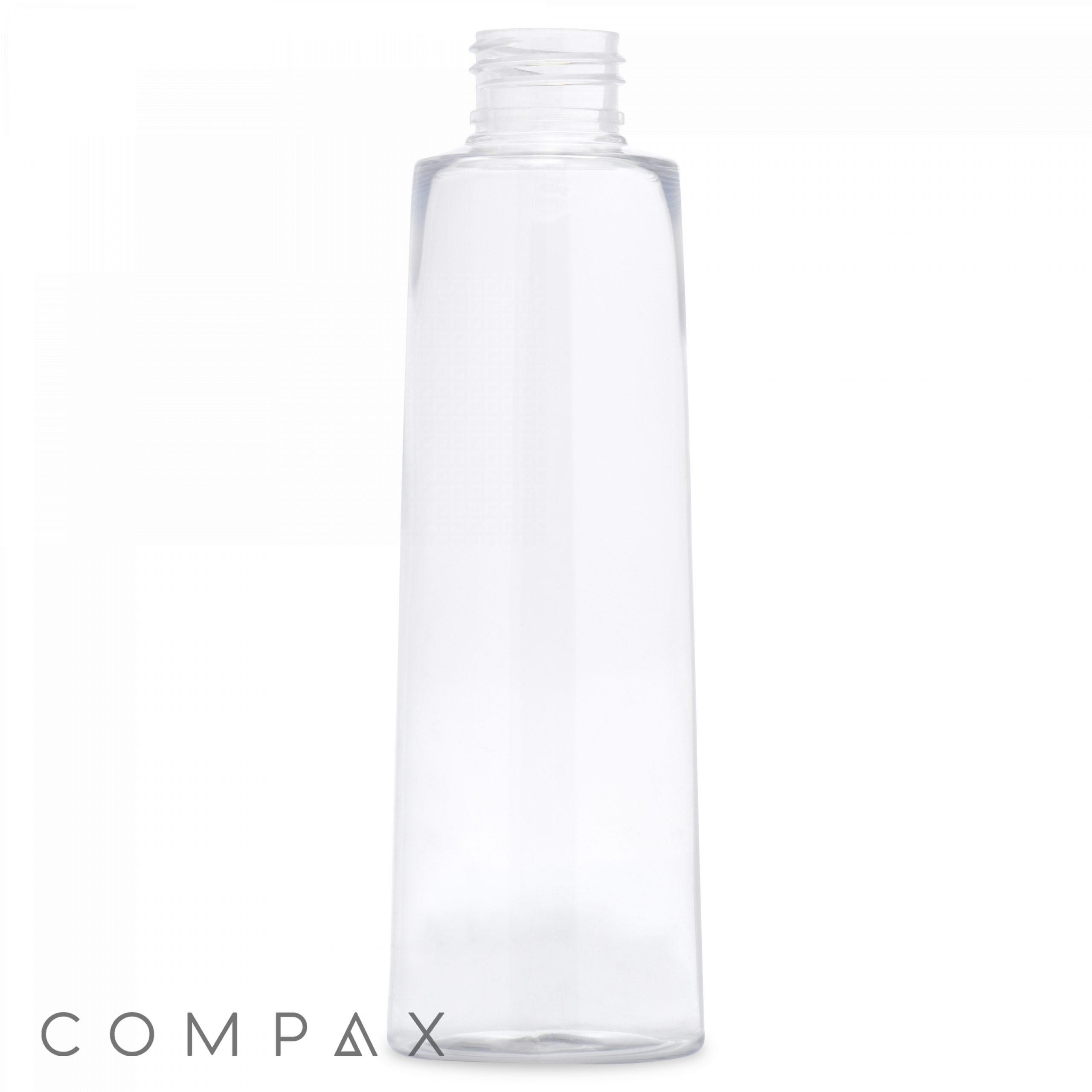A tall, clear 200 mL PET Bottle with a narrow neck and open top is centered against a plain white background. The bottom left corner features the brand name “COMPAX” in gray capital letters.
