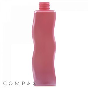 A tall, translucent pink 250 mL PET Bottle features a wavy design and a narrow, open neck. The word "COMPAX" is displayed in gray font in the bottom-left corner. The bottle stands upright against a white background.