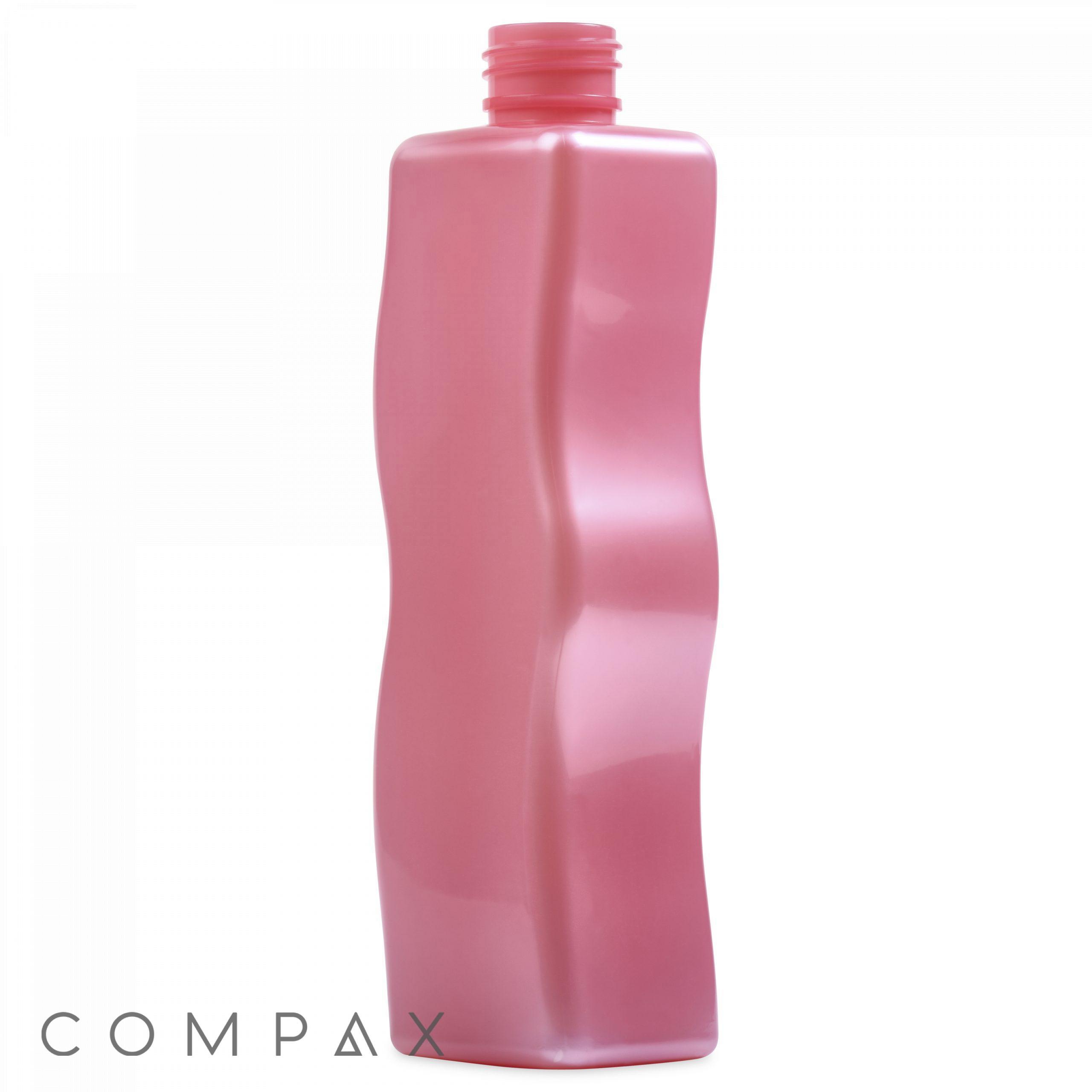 A pink, wavy-edged 250 mL PET bottle with a square base and an open screw-top design. The bottle is standing upright, and the word "COMPAX" is visible in the lower-left corner.