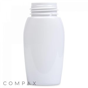A 150 mL PET Bottle with a plain white plastic design and a screw-on neck is shown against a white background. The word "COMPAX" is written in light gray at the bottom left corner.
