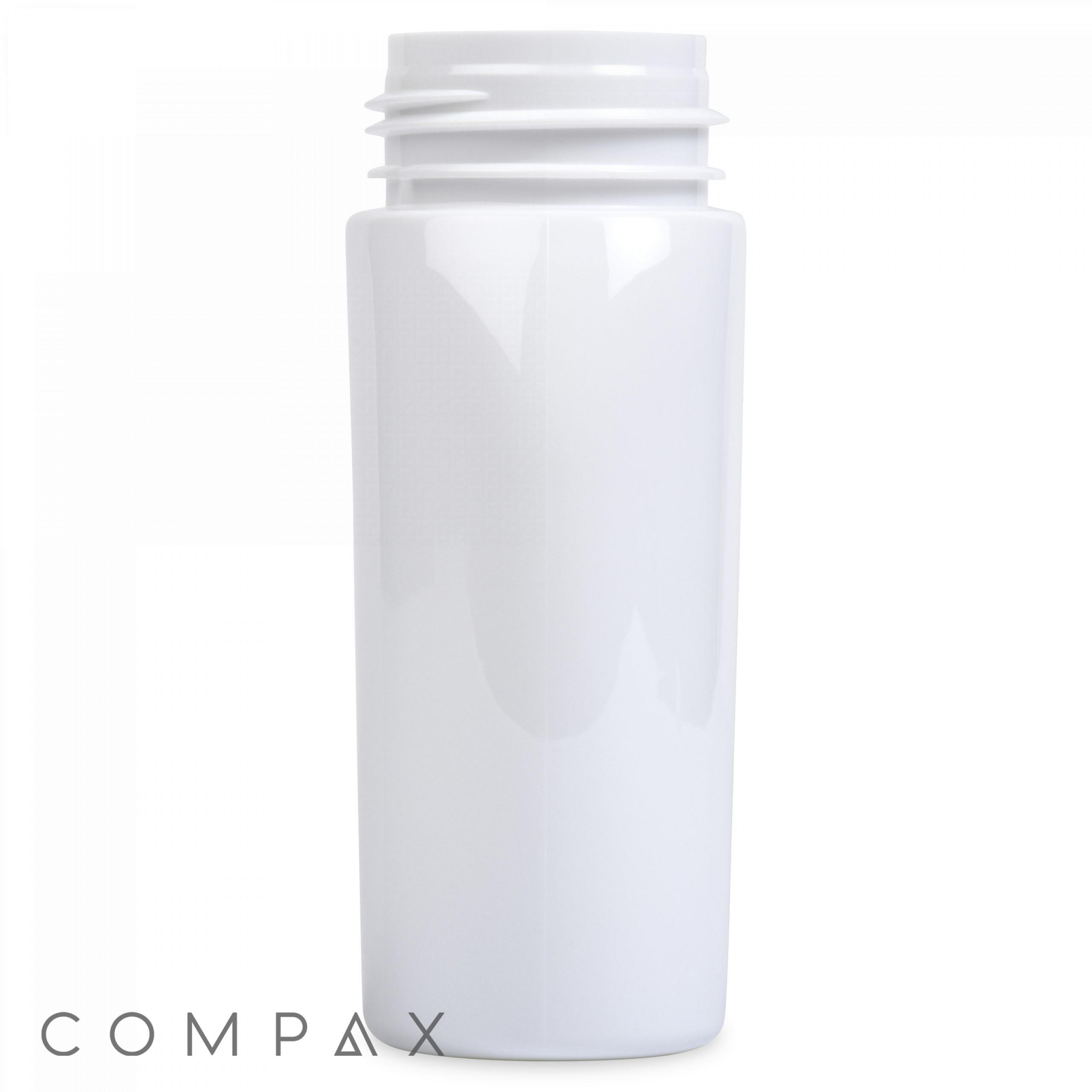 A 150 mL PET plastic bottle with a cylindrical shape and a screw-top opening at the top. The white bottle is plain, with no visible labels or markings, except for the word "COMPAX" in small grey letters at the bottom left of the image. The background is plain white.