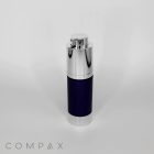 Introducing the Round Helix Pump Airless Bottle, a sleek, cylindrical container featuring a dark navy blue body with a shiny silver cap and base. The bottle is equipped with an efficient pump dispenser on top. The brand name "COMPAX" is elegantly displayed in light gray letters at the bottom left corner against a white background.