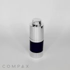 A sleek Round Helix Pump Airless Bottle with a silver top and a dark base is centered on a plain white background. The word "COMPAX" is printed in light gray at the bottom left corner of the image.