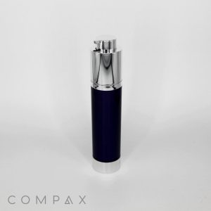 A sleek, black Round Helix Pump Airless Bottle with a silver pump and base stands upright against a white background. The brand name "COMPAX" is displayed in the bottom left corner in light gray font.