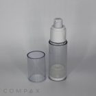 A Round Acrylic Airless Bottle, featuring a clear cylindrical design with a white pump dispenser and a transparent cap placed beside it. The bottle appears empty, with the word "COMPAX" visible at the bottom left corner of the image on a light grey background.
