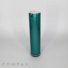 A sleek, cylindrical teal bottle labeled "Round Airless Bottle" stands upright against a plain white background. The bottle showcases a silver top and a small, discreet button near the top. The brand name "COMPAX" is displayed in gray letters at the bottom left corner of the image.