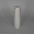 A stylish, fluted round airless bottle in pristine white, equipped with a pump dispenser, stands tall against a plain, light gray backdrop. The bottle's minimalist design boasts a smooth finish. The brand name "COMPAX" is subtly displayed at the bottom left corner of the image.
