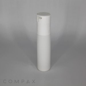 A tall, cylindrical Fluted Round Airless Bottle with a pump dispenser stands upright against a plain grey background. The bottle features a minimalist design and is stark white in color. The word "COMPAX" is faintly visible in the lower-left corner.