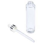 A 48mL Glass Cylinder Round Bottle with a silver cap is lying horizontally, while its empty cylindrical container is standing upright beside it. The image features a white background and the brand name "COMPAX" labeled at the bottom left corner.