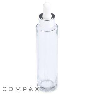 The 48mL Glass Cylinder Round Bottle, featuring a white rubber top and a silver collar, stands upright against a white background. The empty bottle showcases a clean, minimalistic design with the word "COMPAX" visible at the bottom left corner.