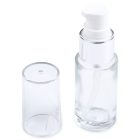 A 15mL Glass Cylinder Round Bottle featuring a shiny silver collar and a white pump dispenser, complemented by a transparent plastic cap standing beside it. The brand name "COMPAX" is visible at the bottom left corner.