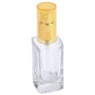 The image features a 30mL Glass Square Bottle, made of clear glass with a gold spray nozzle and cap, set against a white background. The bottle is empty, revealing the inner plastic tube. "COMPAX" is inscribed in gray text at the bottom left corner of the image.