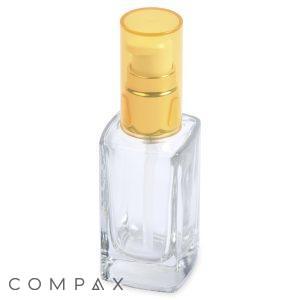 A 30mL Glass Square Bottle with a golden pump and cap sits on a white background. The bottle features a sleek, rectangular design, and "COMPAX" is written in gray letters at the bottom left corner of the image.