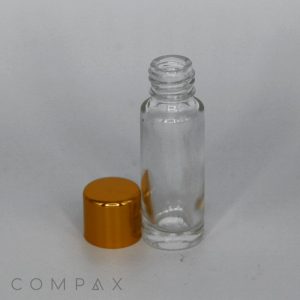 A 5mL Glass Round Bottle with a wide neck, paired with a metallic gold screw cap placed next to it on a light surface. The bottle is empty and the upright cap is positioned to the left of the bottle, set against a plain grayish background.