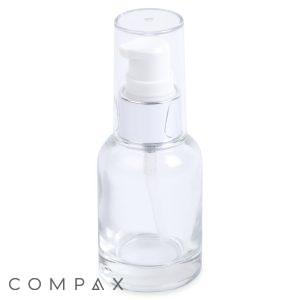 A 30mL Glass Cylinder Round Bottle with a white pump dispenser and a transparent plastic cap. The bottle sits against a white background, with the word "COMPAX" printed in light gray at the bottom left corner.