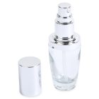 A 30mL Glass Fluted Round Bottle with a transparent design, silver pump, and an unattached silver cap is shown. The brand name "COMPAX" is visible in the bottom left corner.