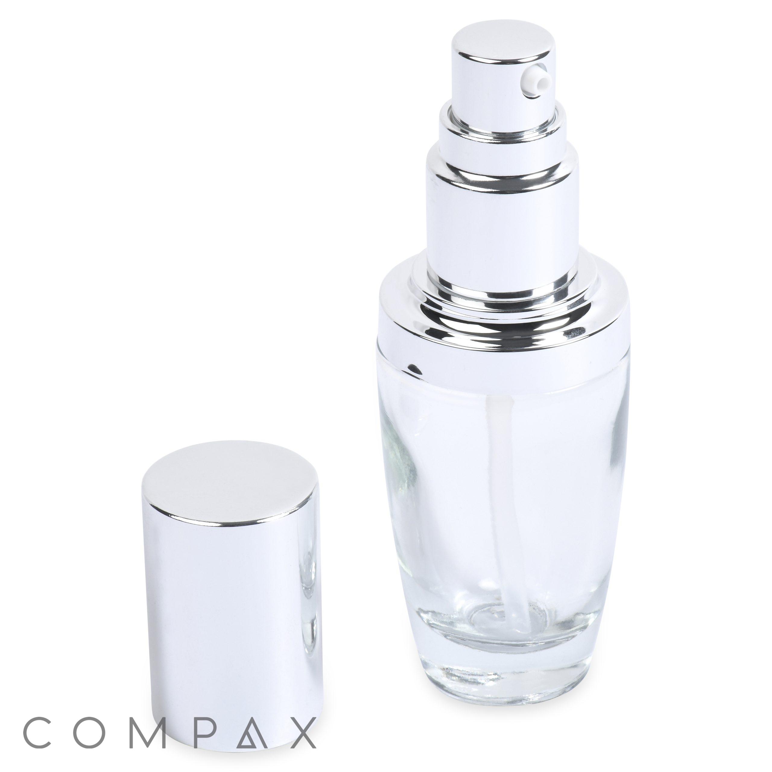 A 30mL Glass Fluted Round Bottle with a transparent design, silver pump, and an unattached silver cap is shown. The brand name "COMPAX" is visible in the bottom left corner.
