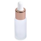 A 15mL Glass Cylinder Round Bottle with a frosted finish, metallic rose gold cap, and white rubber top is pictured. The bottle is standing upright, with the word "COMPAX" printed in black in the lower-left corner of the image.