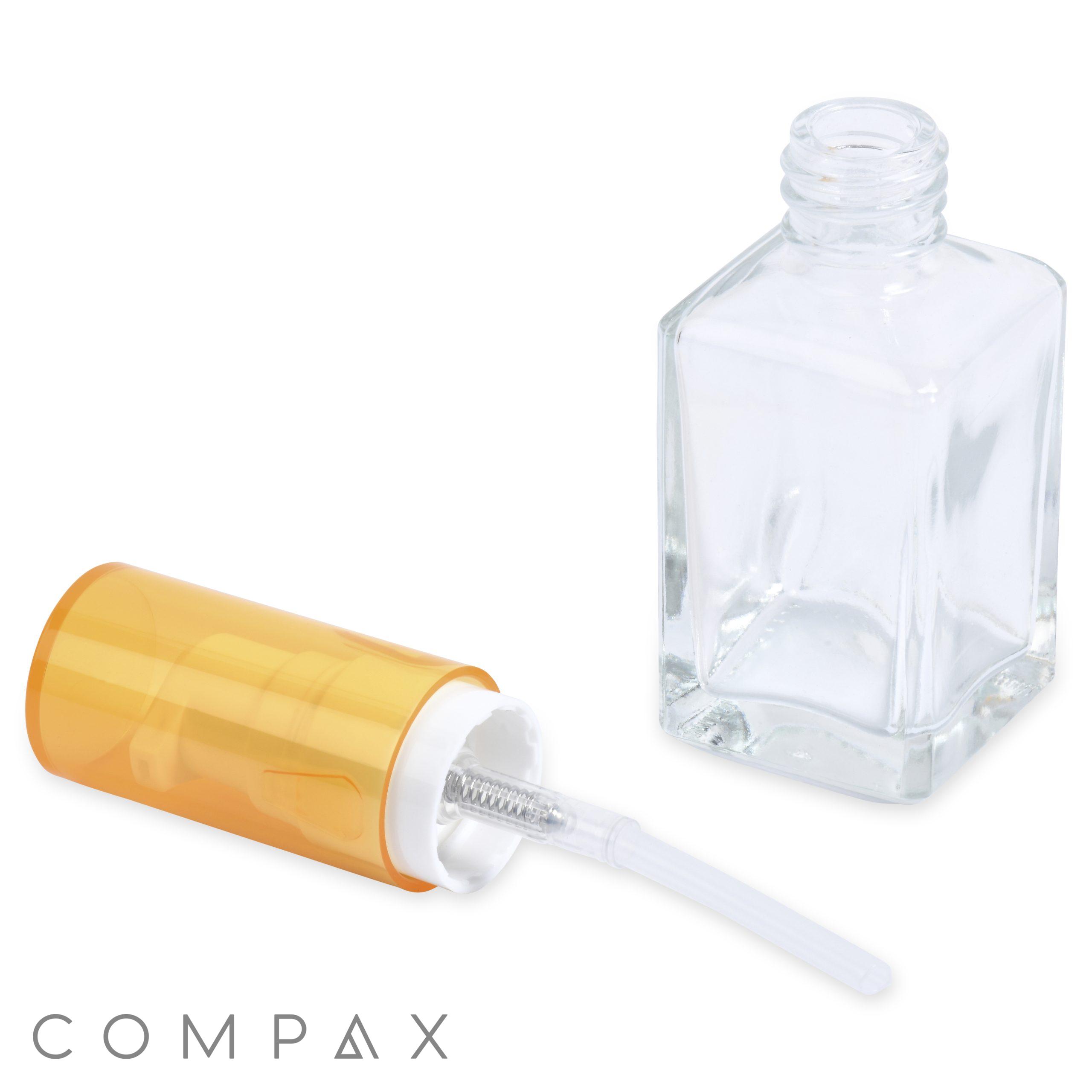 A 30mL Square Glass Dropper Bottle, featuring a clear plastic tube attached to an orange cap, which is lying next to the bottle. The image includes the brand name "Compax" at the bottom left corner.