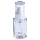 A 30mL Glass Cylinder Round Bottle with a white pump dispenser and a transparent cap stands empty and upright against a white background. The word "COMPAX" is visible in the bottom left corner of the image.