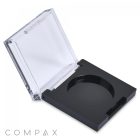 A clear plastic compact case with a transparent lid, open to reveal an empty black square container inside. The words "Square Single Pan Eyeshadow Compact" are visible at the bottom left corner of the image.