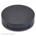 A round, black compact case with a sleek, minimalist design. The lid is closed and the case appears smooth with a subtle shine. The word "Round Airtight Compact" is printed in light grey at the bottom left corner of the image.