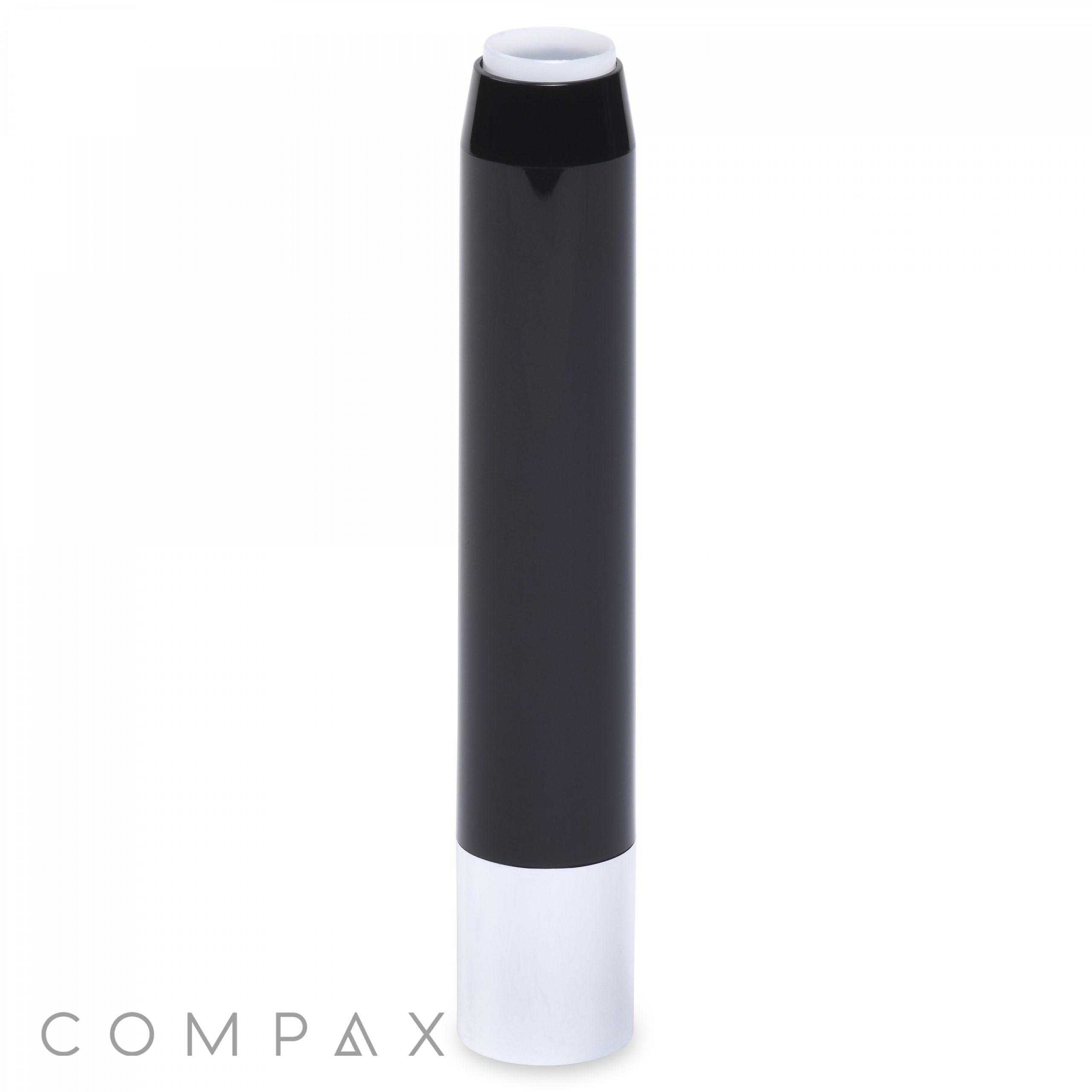 A sleek black and white cylindrical lipstick with a glossy finish, standing upright. The black portion covers the majority of the cylinder, while the base remains white. The word "Round Lipstick" is inscribed in light gray text at the bottom left corner.