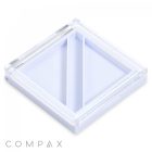 A transparent square compact with a divided interior featuring two triangular compartments. The compact, shown from a slightly angled top view, has a clear lid and a white base. "Square 2 Pan Compact with Brush Well" is marked at the bottom left corner.