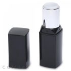 The Square Lipstick, encased in a glossy black container with a metallic silver twist-up mechanism, is displayed. The cap has been removed and placed next to the tube, showcasing the white-colored lipstick or balm inside.
