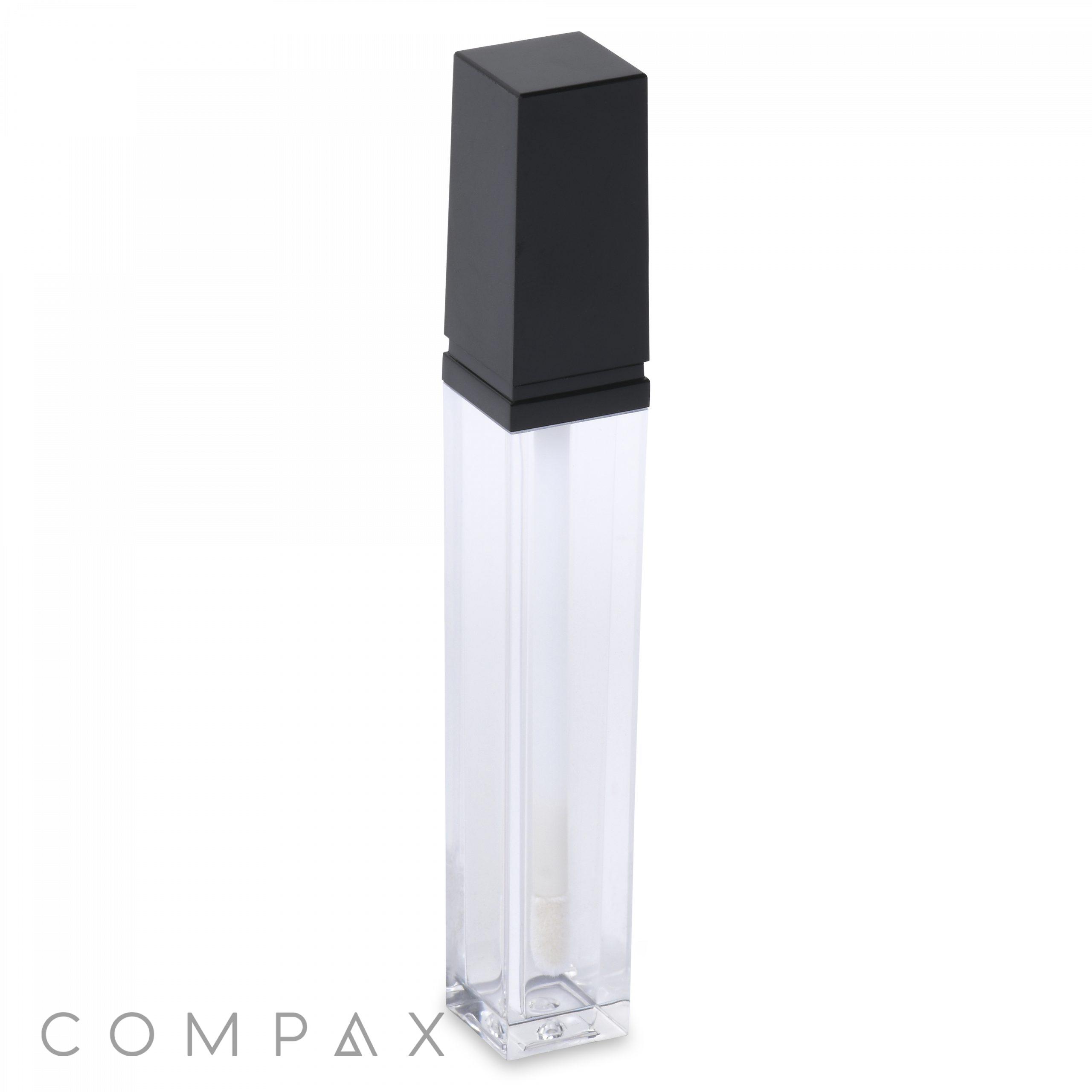 The Square Lip Gloss features a slim, rectangular, clear plastic bottle topped with a black square cap. Designed for cosmetic products, it elegantly displays the brand name "COMPAX" in gray lettering at the base. The overall design is minimalist and sleek.