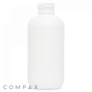 A 4oz Boston Round Bottle made of white plastic with a cylindrical shape and an open screw-top, suitable for holding liquids. The bottle is empty and unlabelled, with the word "COMPAX" printed in gray at the bottom left corner.