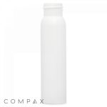 A tall, cylindrical, white bottle with a narrow neck and an open top. The word "COMPAX" is written in a minimalist font at the bottom left corner of the image. The background is plain white.