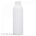 A plain, tall, cylindrical white plastic bottle with a screw-top cap removed, positioned upright against a white background. The word "COMPAX" is displayed in gray text at the bottom-left corner.