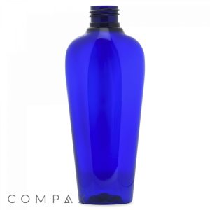A tall, sleek 6oz Vail Oval Bottle made of blue plastic with a narrow neck and no cap. The bottle features a shiny, reflective surface, with a base that is slightly wider than the top. The word "COMPAX" is visible in the bottom left corner.
