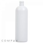 A tall, cylindrical white plastic bottle with a threaded neck, suitable for a cap, is centered against a white background. The word "COMPAX" is written in gray text at the bottom left corner. The bottle appears to be empty and is likely used for packaging liquids.