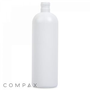 A tall, cylindrical white plastic bottle with a threaded neck, suitable for a cap, is centered against a white background. The word "COMPAX" is written in gray text at the bottom left corner. The bottle appears to be empty and is likely used for packaging liquids.