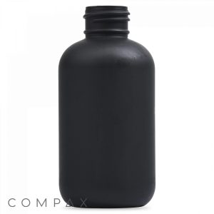 A 4oz Boston Round Bottle crafted from matte black plastic, featuring a cylindrical shape and a wide, threaded neck. The bottle is plain without any labels or markings, with the branding "Compax" visible in the bottom left corner of the image.