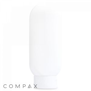 A plain, white, cylindrical plastic bottle with a rounded top and a flat, white cap at the bottom. The word "COMPAX" is printed in small, gray letters in the bottom left corner of the image.