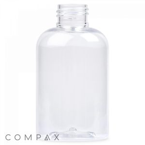 A 150mL Boston Round Bottle, clear and empty, featuring a screw-on cap opening. The bottle is cylindrical with rounded shoulders and a flat base. The word "COMPAX" is printed at the bottom left corner of the image.