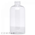 A clear, empty 250mL Boston Round Bottle with a cylindrical shape and a screw-top opening. The bottle is standing upright against a plain white background, and the word "COMPAX" is visible in the bottom left corner.