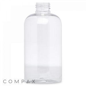 A clear, empty 250mL Boston Round Bottle with a cylindrical shape and a screw-top opening. The bottle is standing upright against a plain white background, and the word "COMPAX" is visible in the bottom left corner.