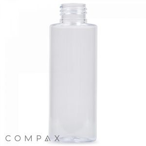 A clear, cylindrical 4oz Cylinder Round Bottle with a screw-top opening at the top. The bottle is transparent, standing upright against a white background. The word "COMPAX" is visible in the bottom left corner of the image.