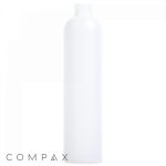 A tall, cylindrical, white plastic bottle with a smooth surface stands upright against a white background. The cap is missing, showing an open neck. The word "COMPAX" is written in small, gray letters at the bottom left corner of the image.